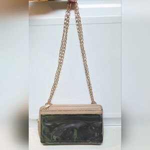 Brown Clear Pouch Crossbody Zip Gold Interior Removeable Gold Chain Purse